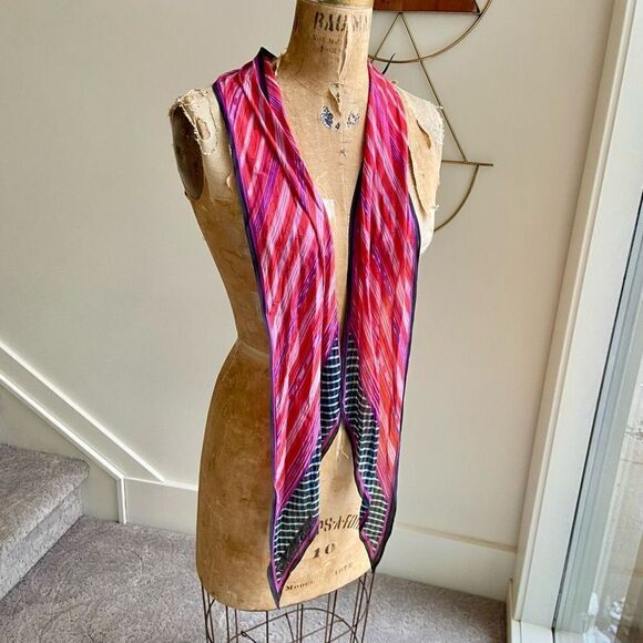 Vintage Anne Klein Silk Parallegram Neck Scarf w/ Striped Southwestern Style Pat - Picture 6 of 9